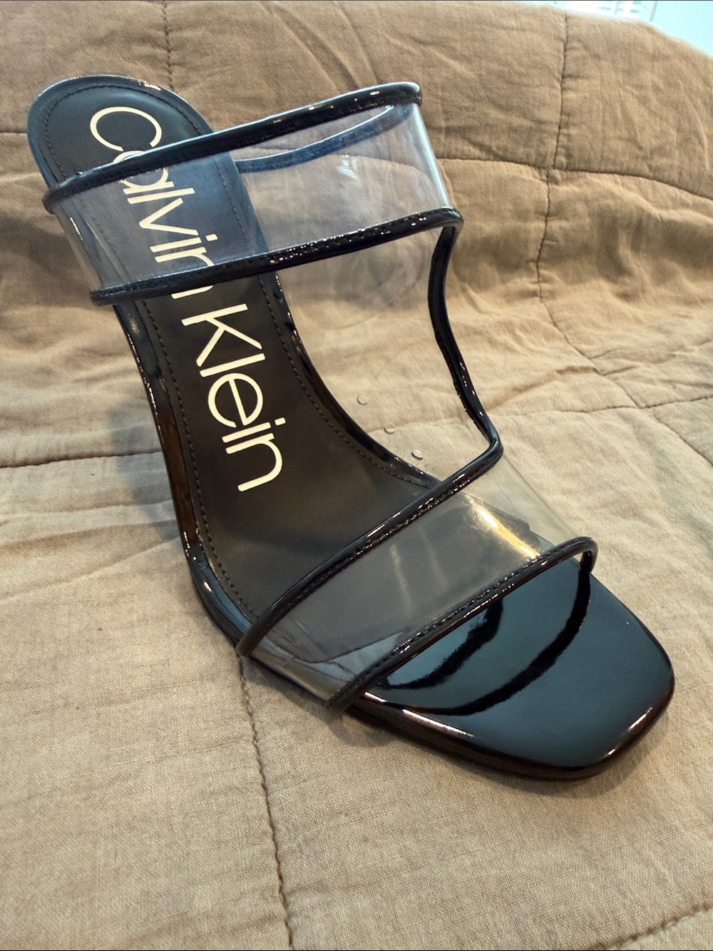 Calvin Klein Dalali Clear Lucite and Black Patent Clear-Strip Mule Heel